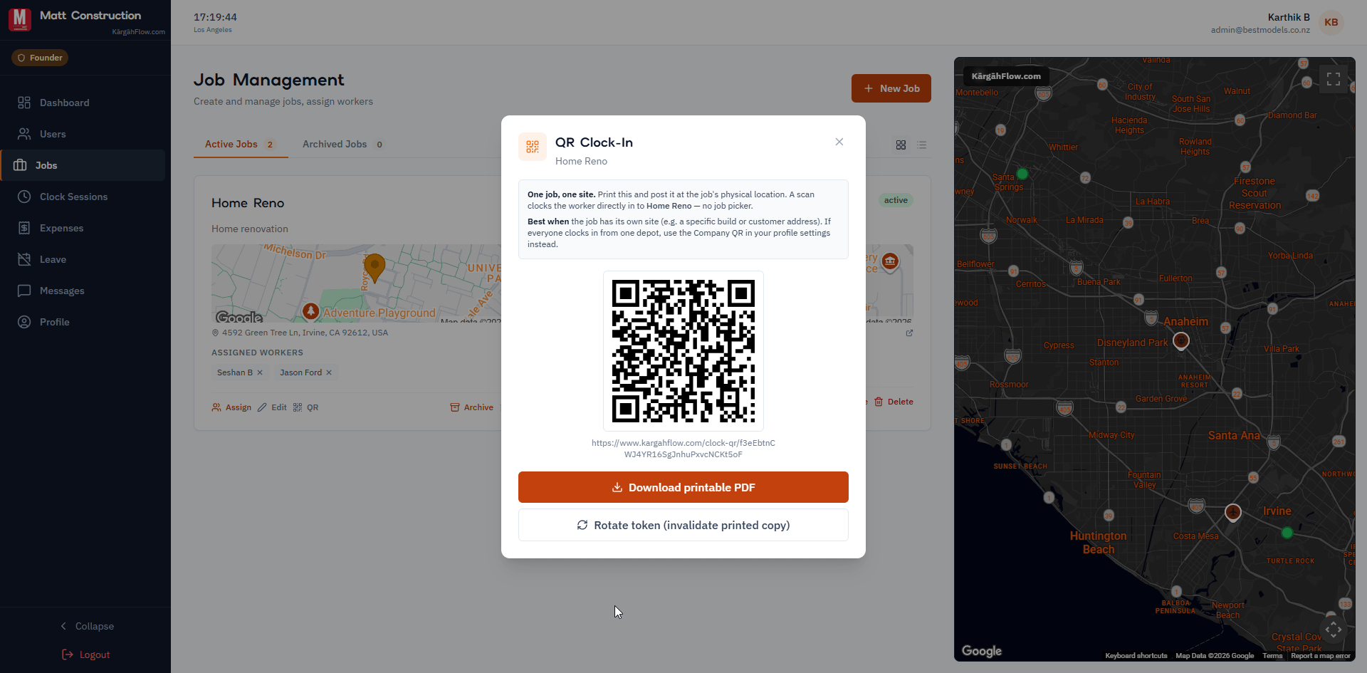 Jobs page with assigned crews and QR icons