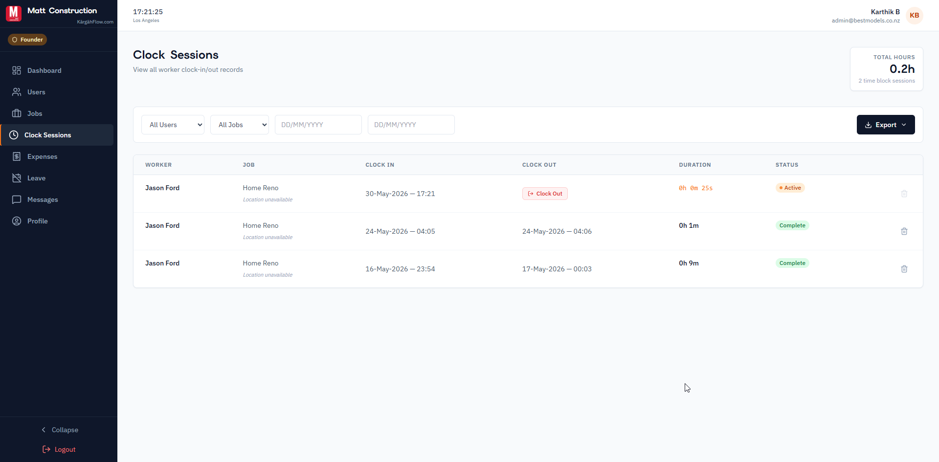 Clock sessions log with live timers and chart