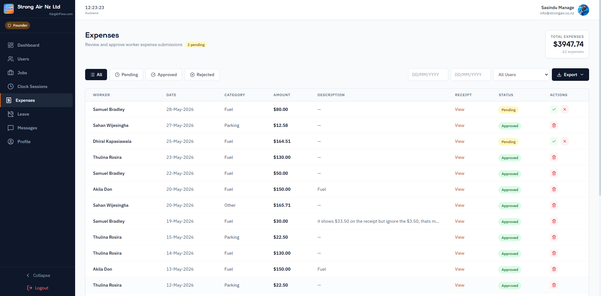 Expenses approval queue with receipt preview