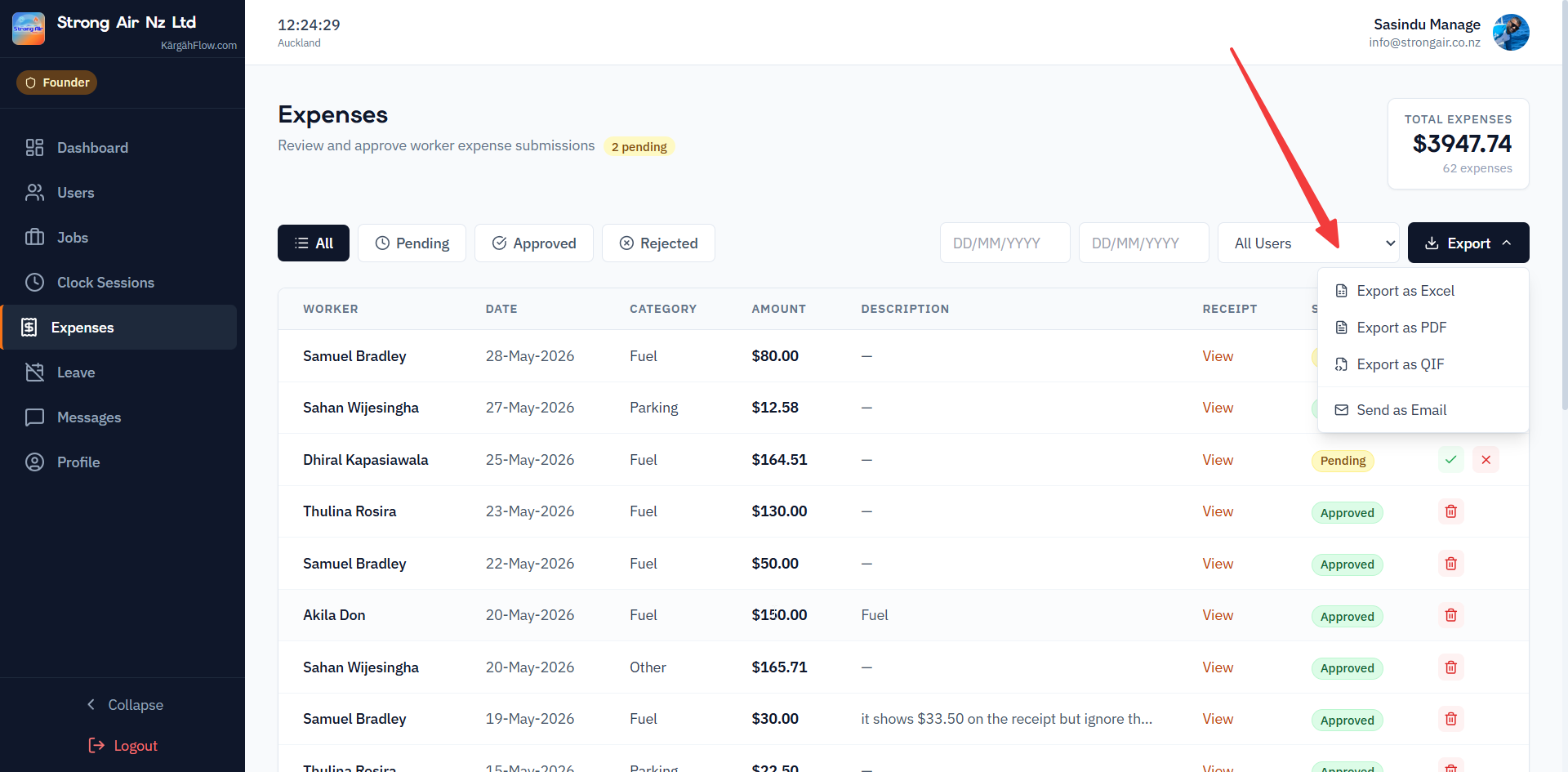 Export dropdown showing CSV and PDF options