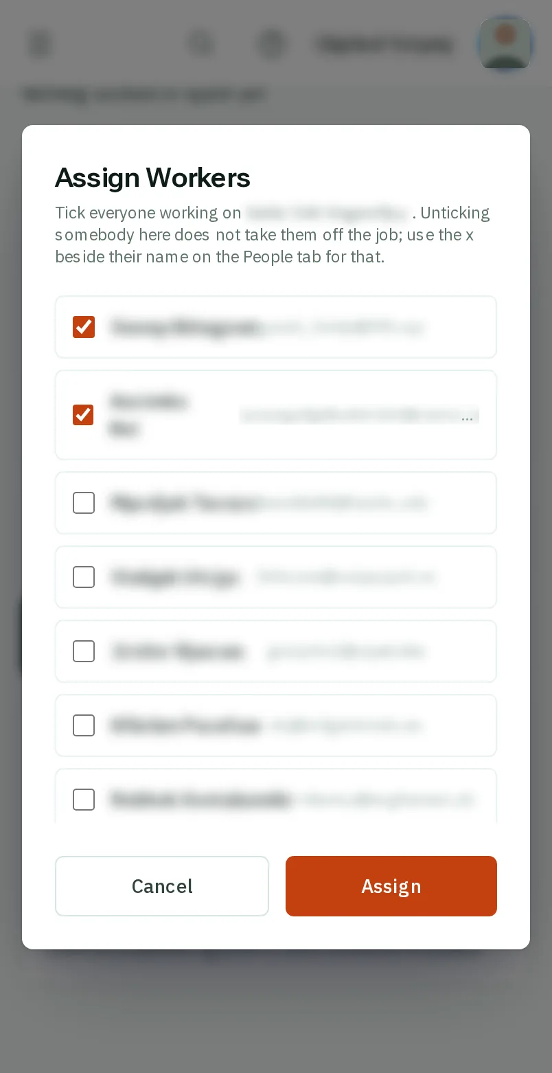 Add people to a job: the screen on a phone