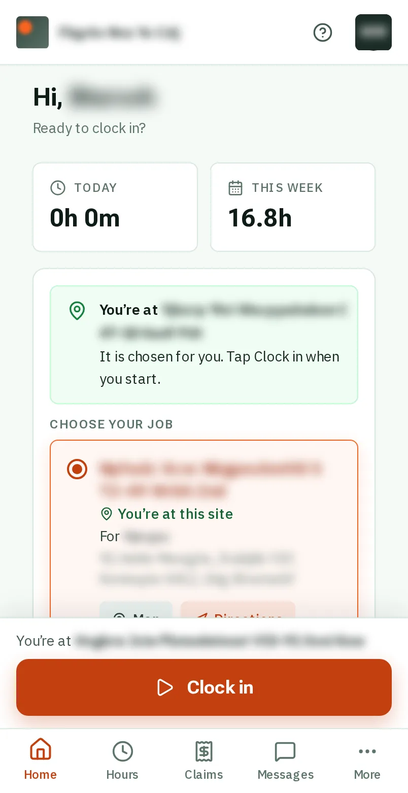 Clock in and out: the screen on a phone