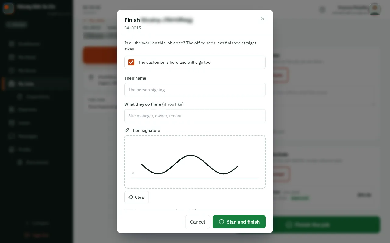 Finish a job and get it signed: the screen on a computer