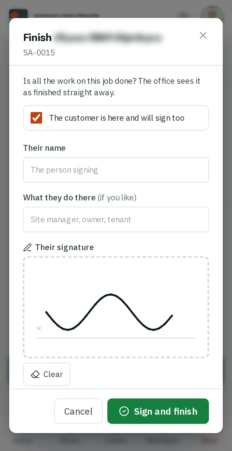Finish a job and get it signed: the screen on a phone