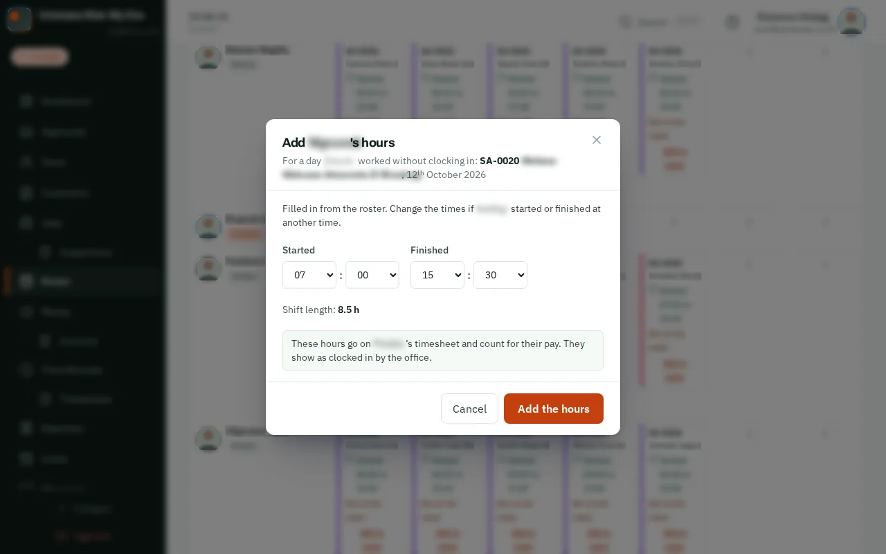 Check the times, then click Add the hours