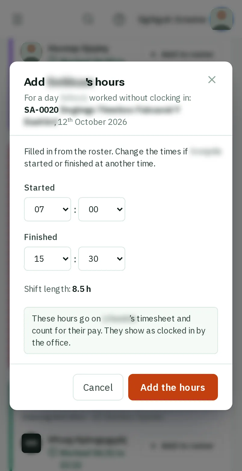 Check the times, then tap Add the hours