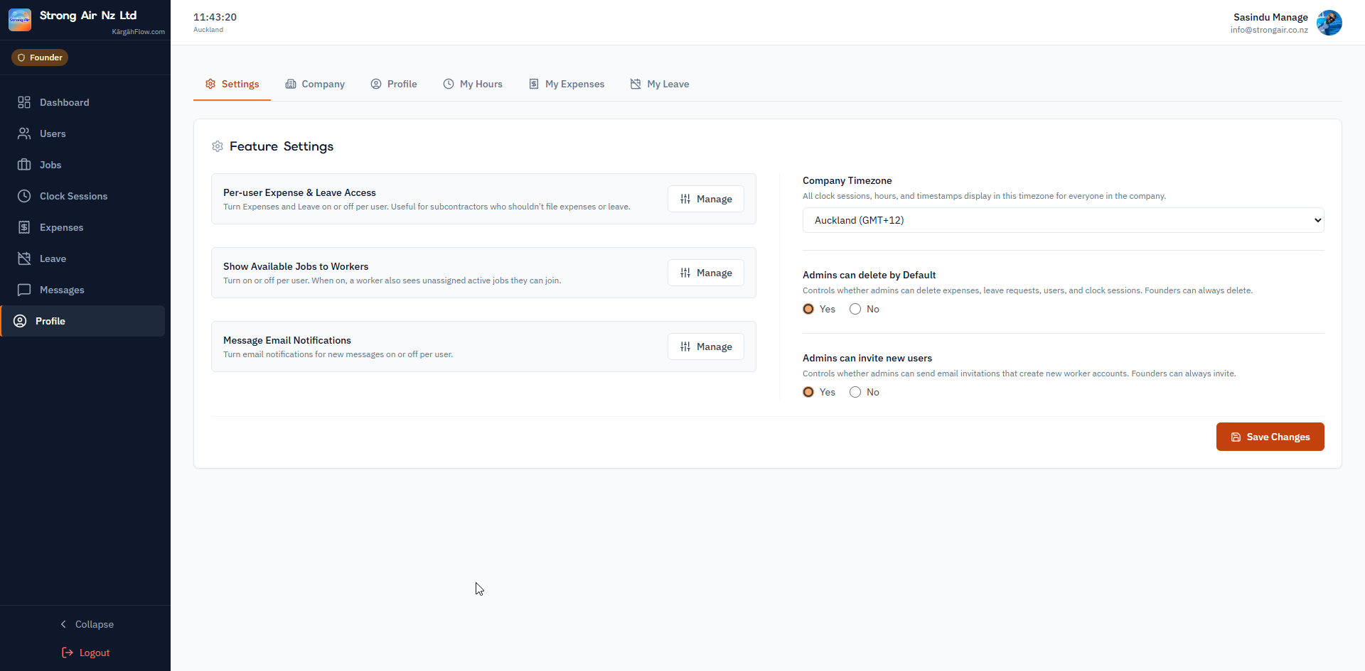 Company settings page with feature toggles