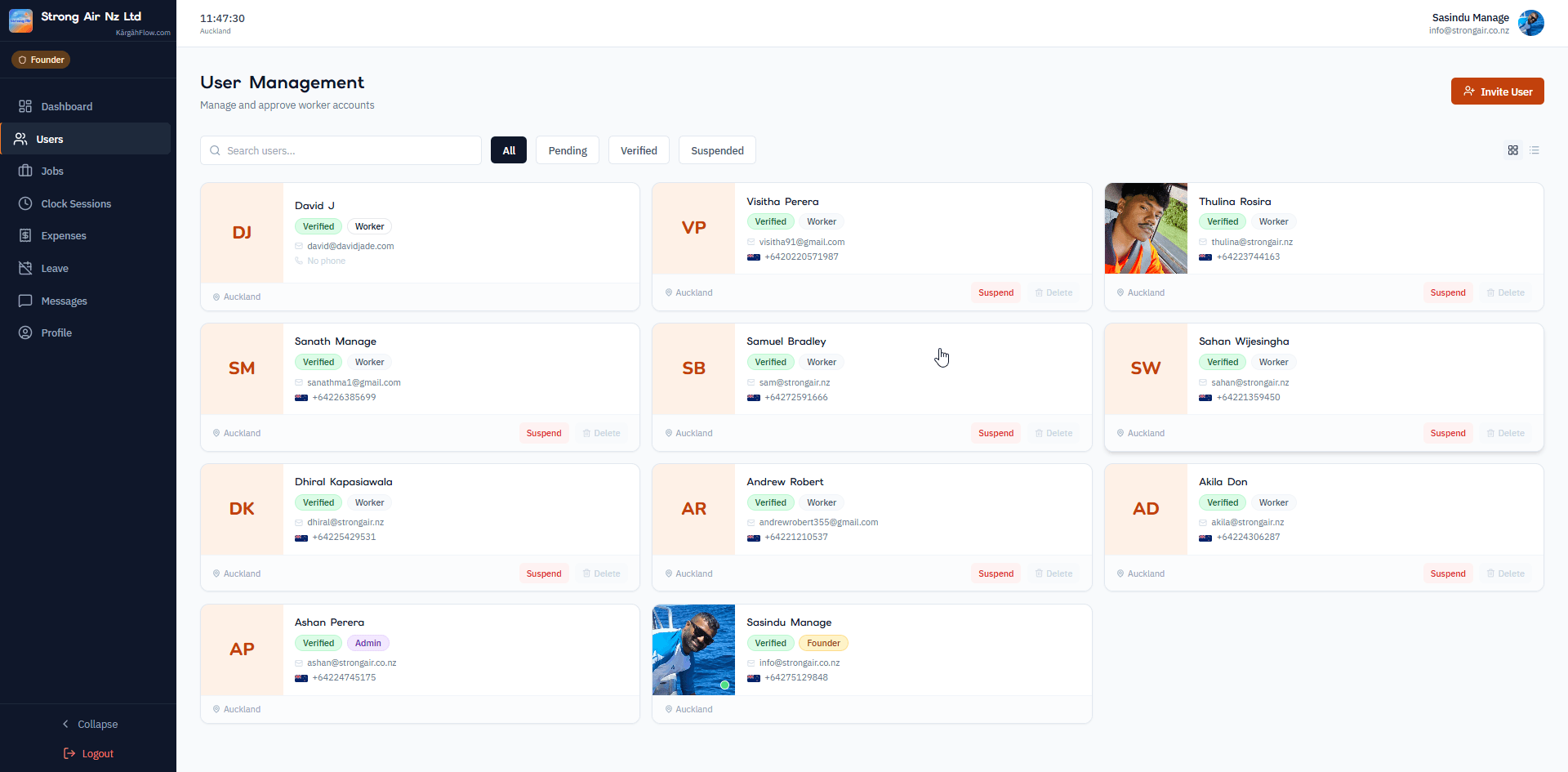 Users page showing invite buttons