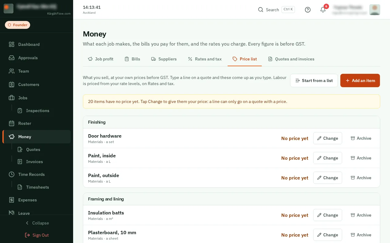 Your price list and kits: the screen on a computer