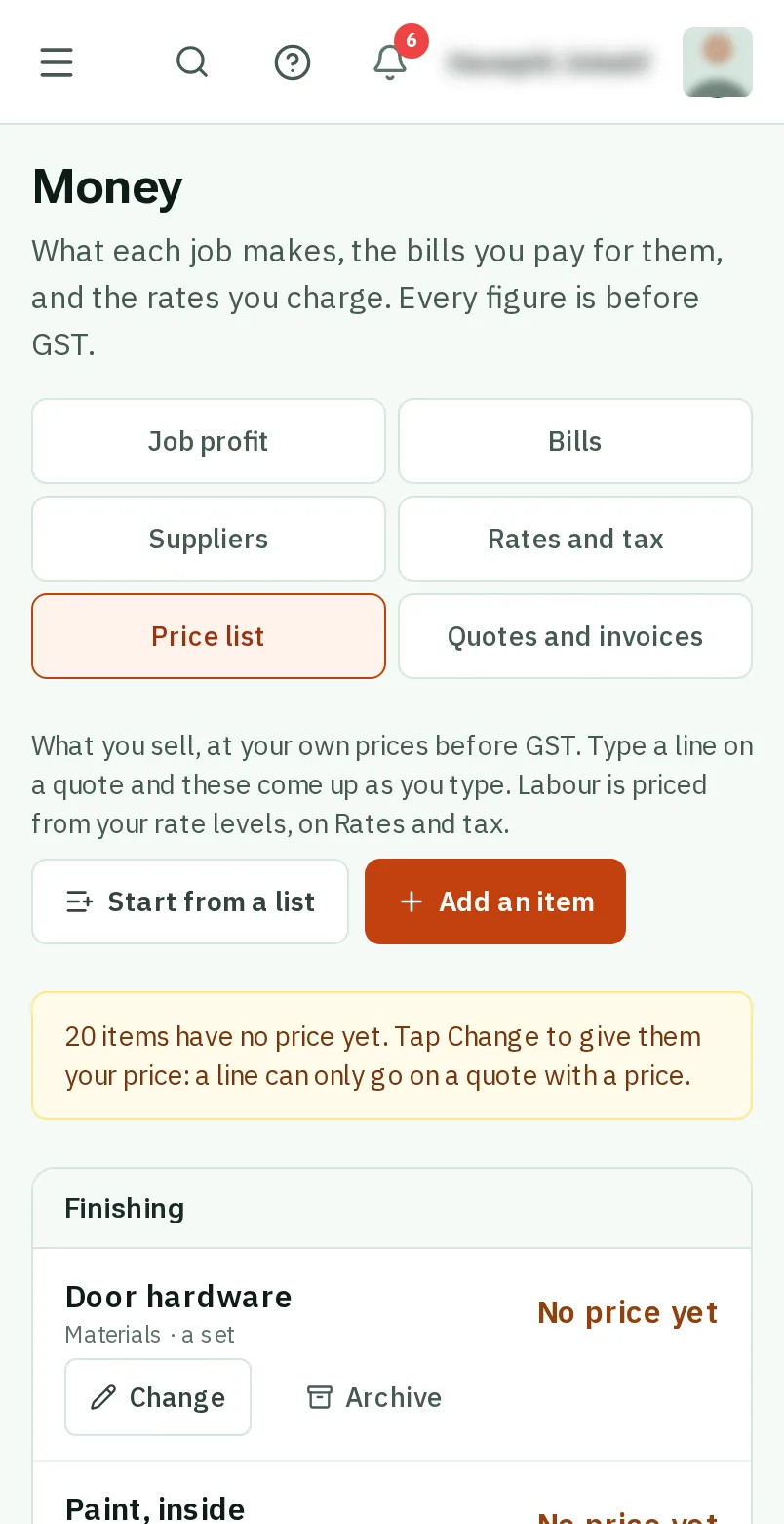 Your price list and kits: the screen on a phone