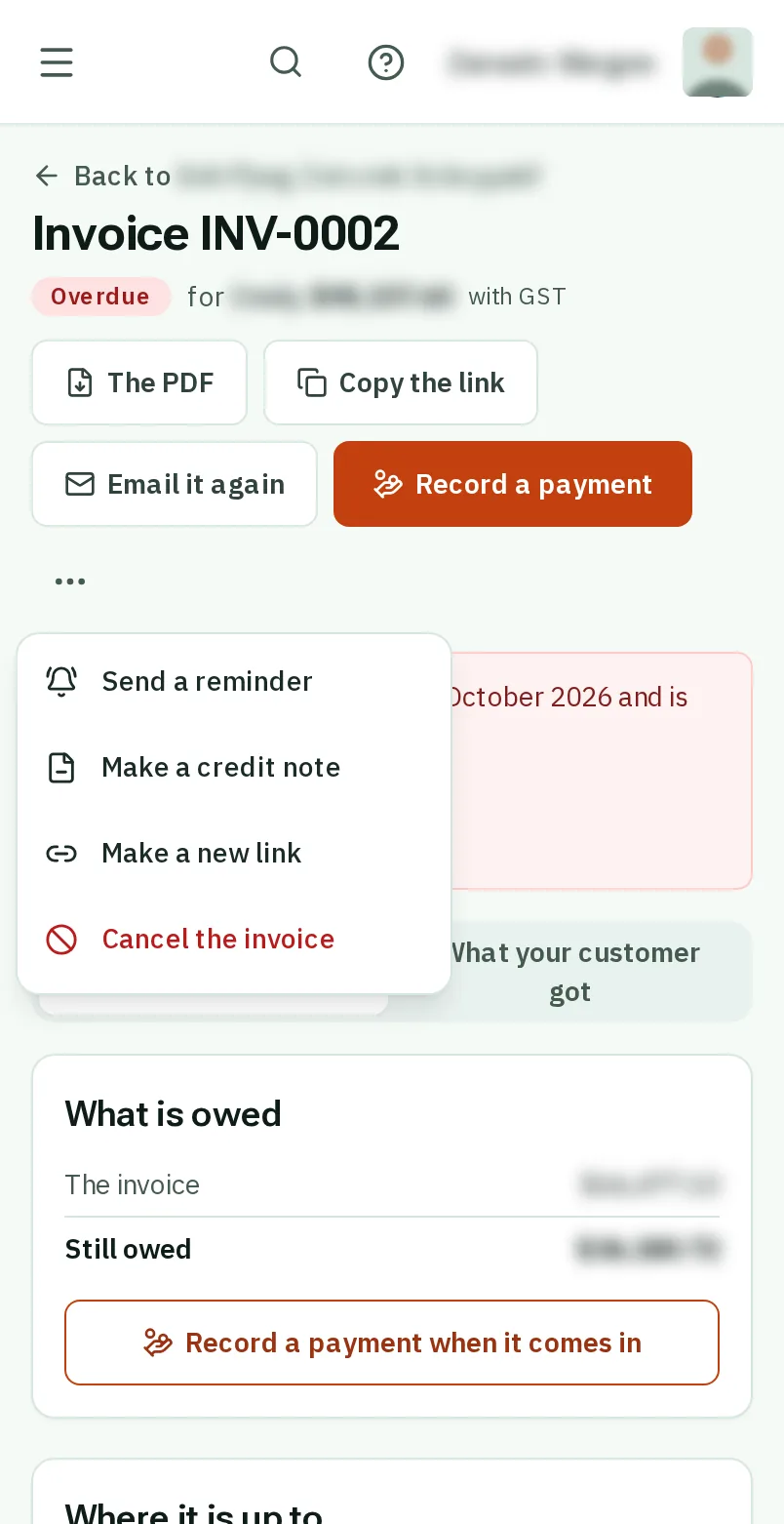 Tap Make a credit note