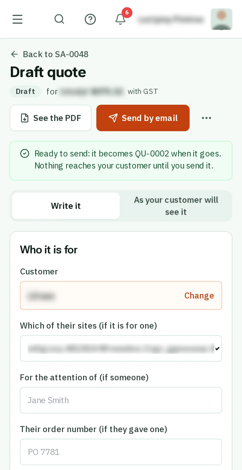 Write and send a quote: the screen on a phone