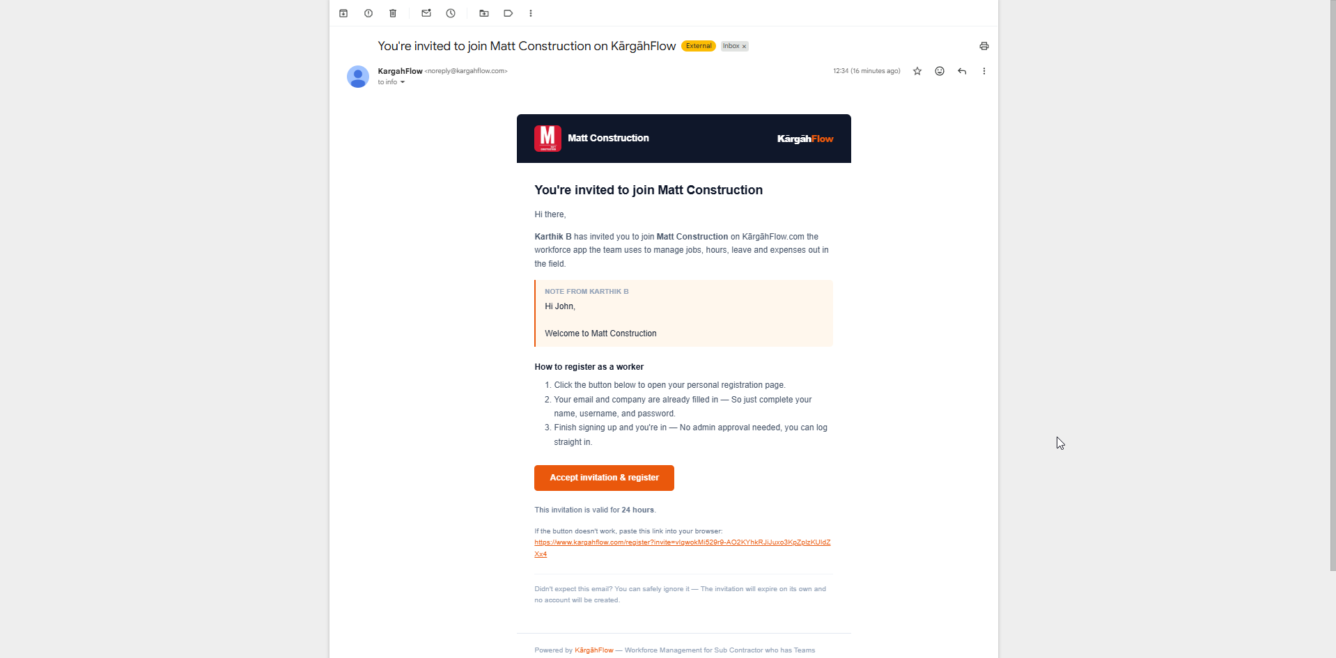 KārgāhFlow invitation email