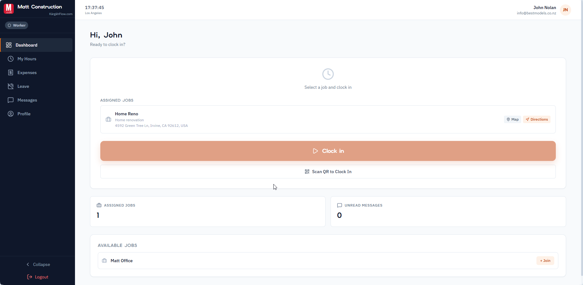 Worker dashboard with assigned jobs and live hours