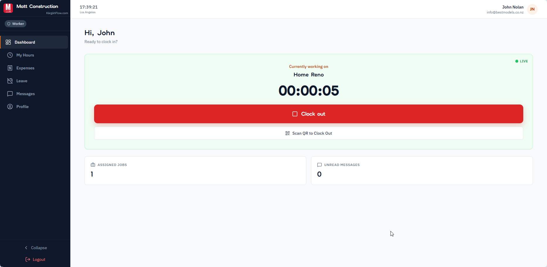 Job card with Clock In button and running timer