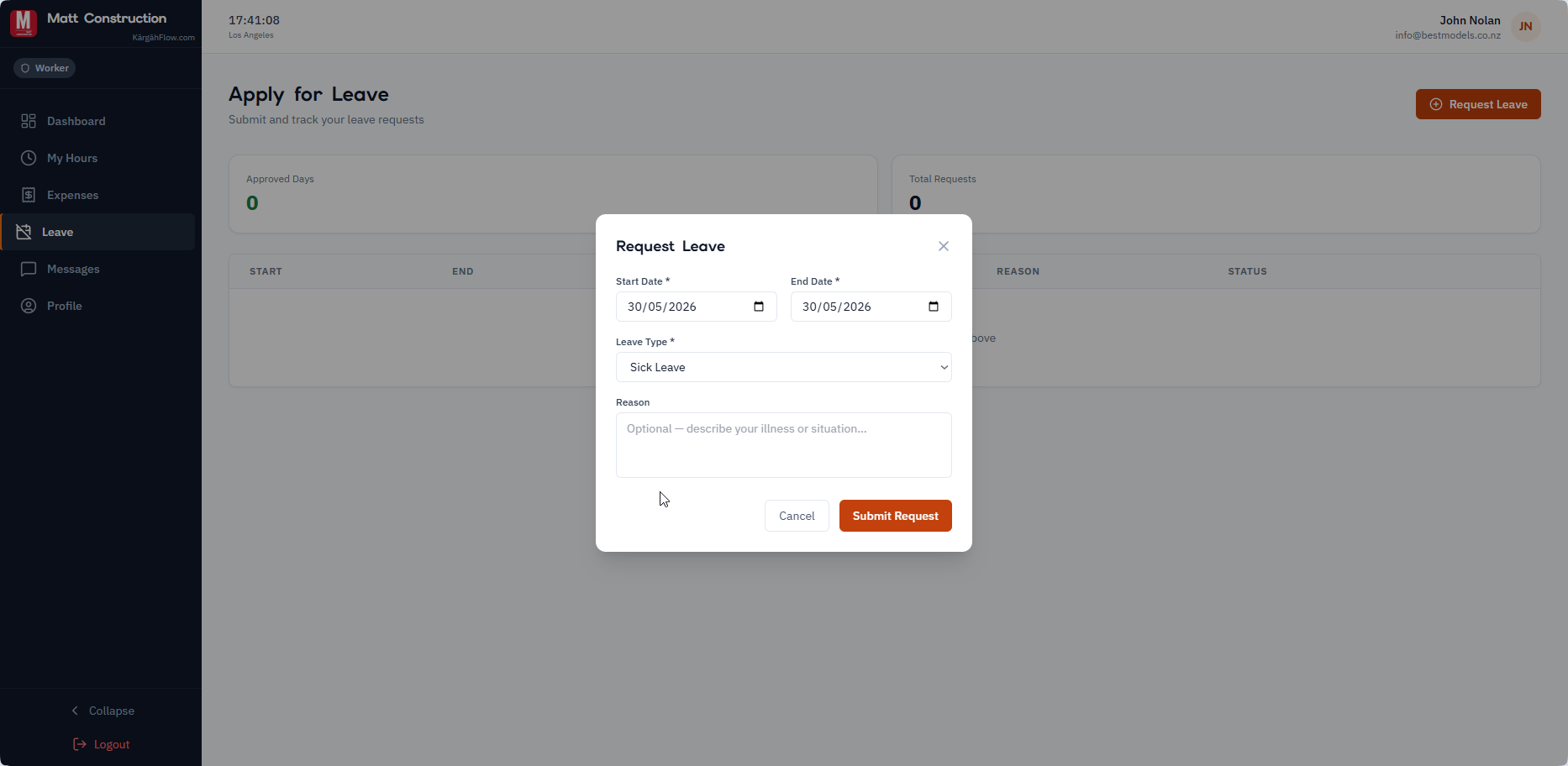 Leave request form with date range picked