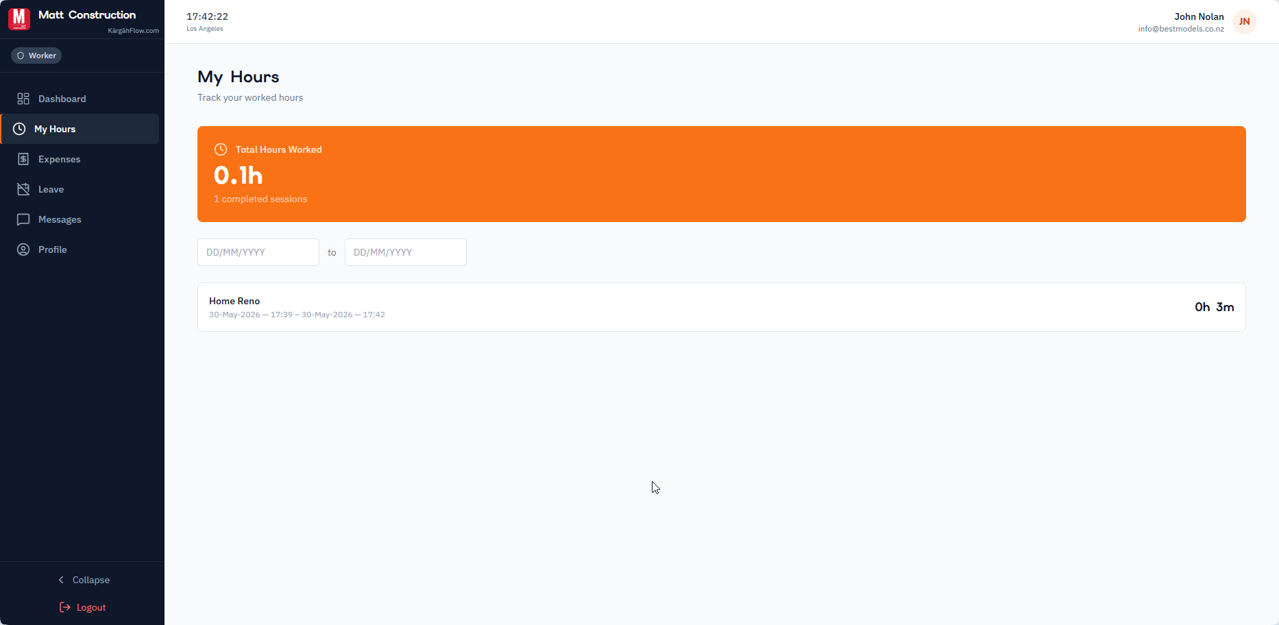 My Hours page showing weekly breakdown